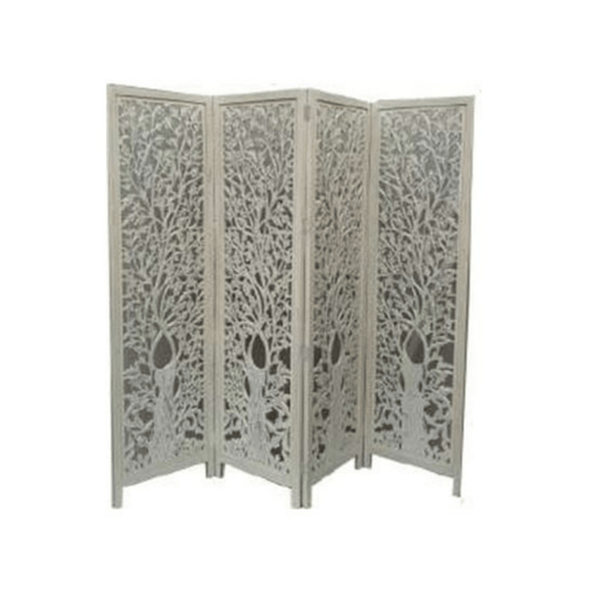 Screen Life Dig 4-panel mango wood screen with exotic pattern, set in a stylish living room.
