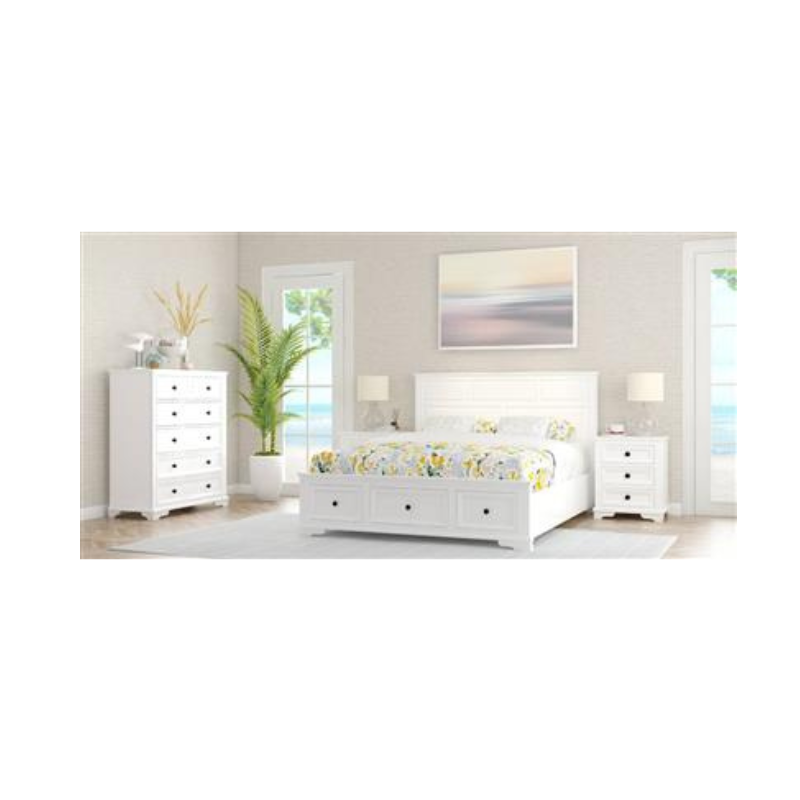 Vana Bed Tallboy & Bedside Kit featuring a white finish, footboard storage, and black metal handles for a coastal look.