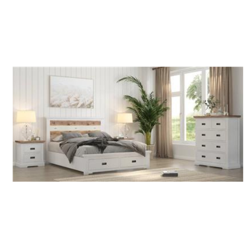 Durban 4-piece bedroom set in multi-color acacia wood, featuring storage bed, dresser, mirror, and bedside table.