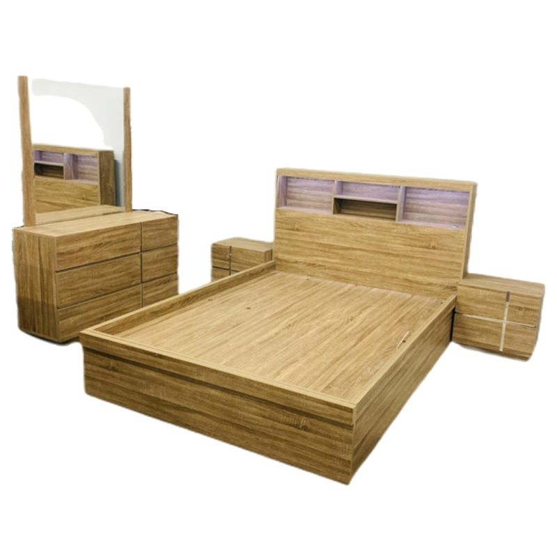 Mocha Gas Lift Bed with oak finish, convenient under-bed storage, and sturdy frame for lasting durability.