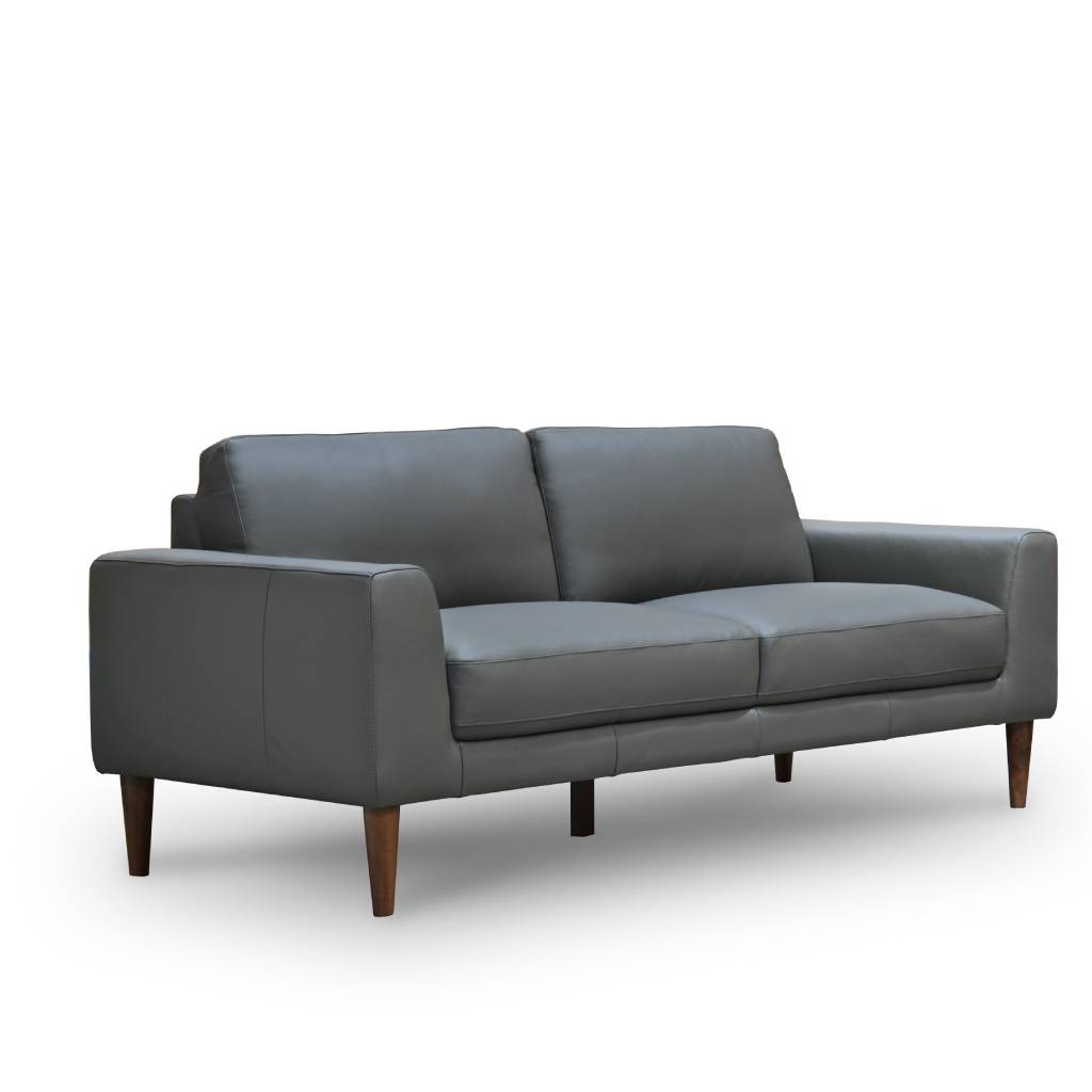 Charcoal Grey or Pewter 3-seater leather lounge with fixed cushions, mid oak timber legs, and a sturdy plywood frame for modern elegance.