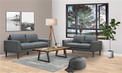 Charcoal Grey or Pewter 2 and 3 seater lounge set with full leather upholstery, mid oak legs, and a sturdy plywood frame for modern elegance.