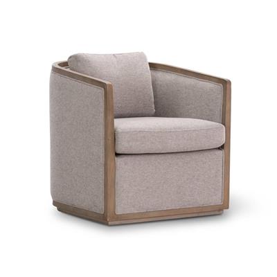 Elegant swivel chair with plywood frame, deep foam seat, polyester fabric, cushions, and show-wood ottoman.