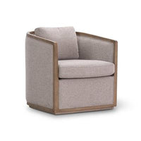 Elegant swivel chair with plywood frame, deep foam seat, polyester fabric, cushions, and show-wood ottoman.