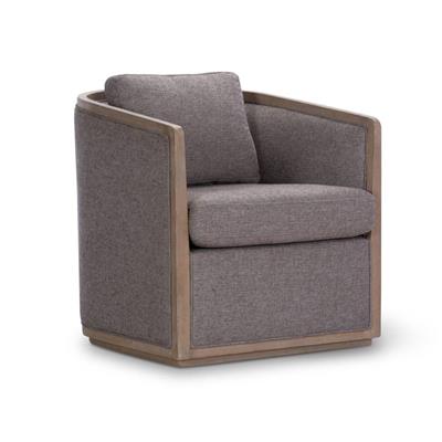 Chic swivel chair with pine frame, deep foam seat, polyester upholstery, show-wood, and ottoman.