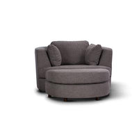 Comfortable fabric swivel chair with ottoman, featuring deep seating, scatter cushions, and a sturdy plywood frame for lasting support.