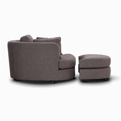 Elegant fabric swivel chair with ottoman, featuring scatter cushions, deep seating, and a durable pine and plywood frame.