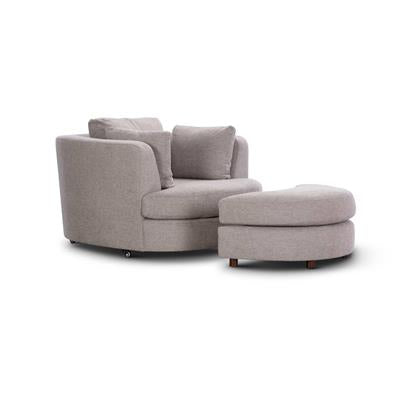 Functional fabric swivel chair with ottoman, designed for 360-degree swivel, deep seating, and high-performance polyester fabric.