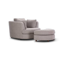 Functional fabric swivel chair with ottoman, designed for 360-degree swivel, deep seating, and high-performance polyester fabric.