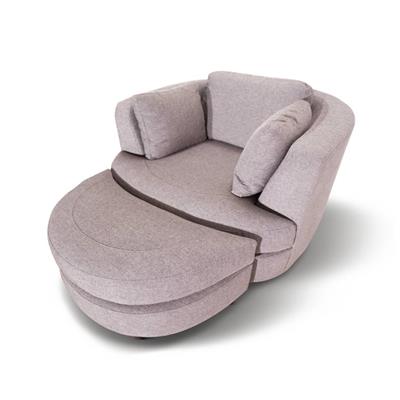 Stylish swivel chaise lounge chair with ottoman, featuring deep seating, scatter cushions, and a 360-degree swivel for modern living.
