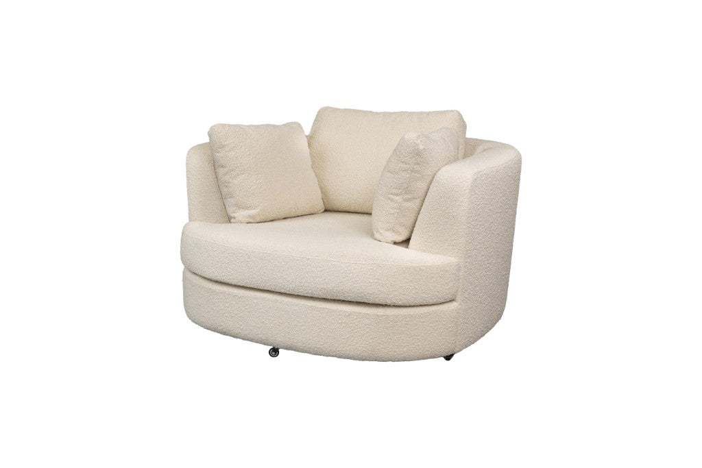 Luxurious swivel chaise lounge chair with scatter cushions, matching ottoman, and a 360-degree swivel for versatile seating.