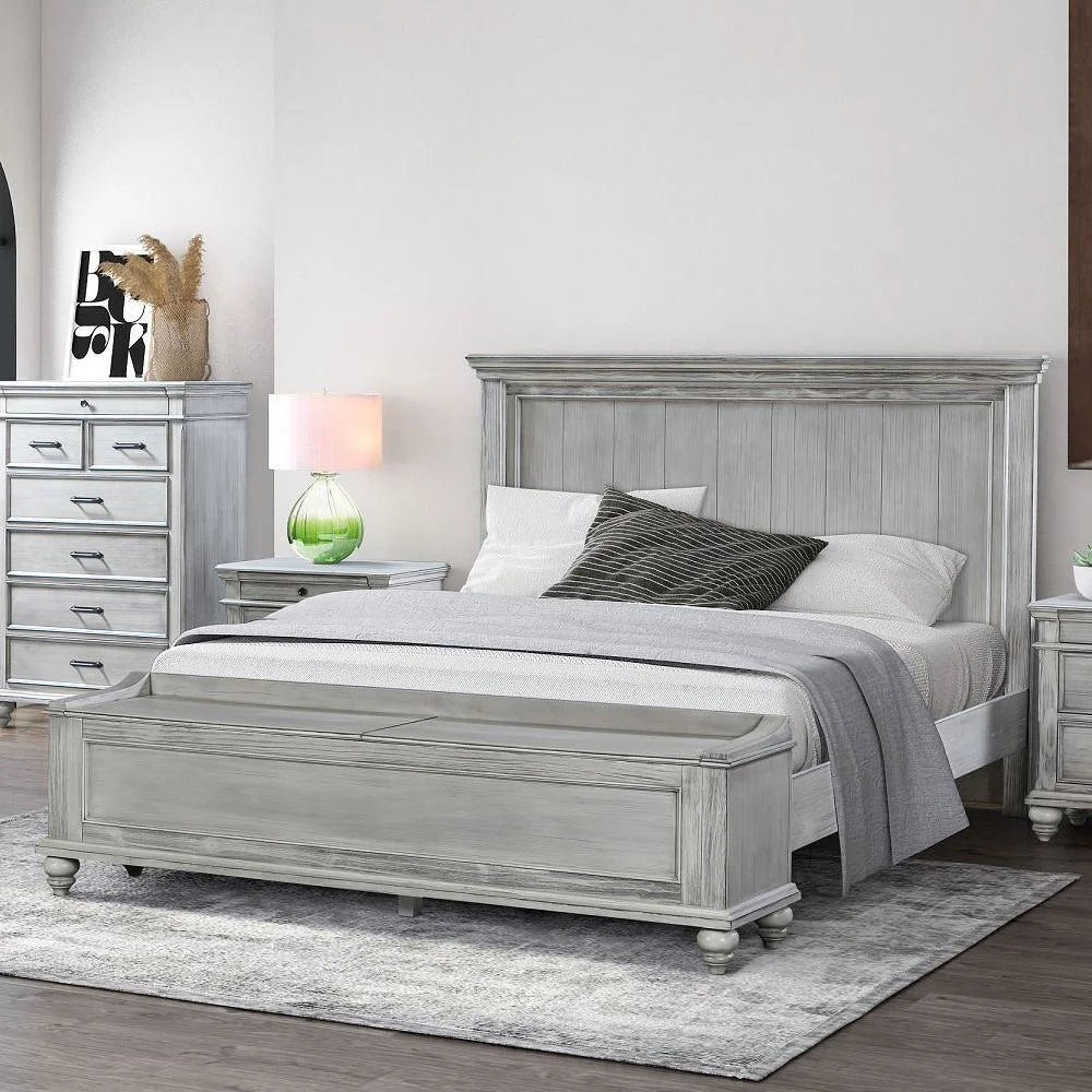 Solid wood Kamyyn Queen Bedroom Set includes a queen bed with blanket box, two bedsides, and a tallboy.