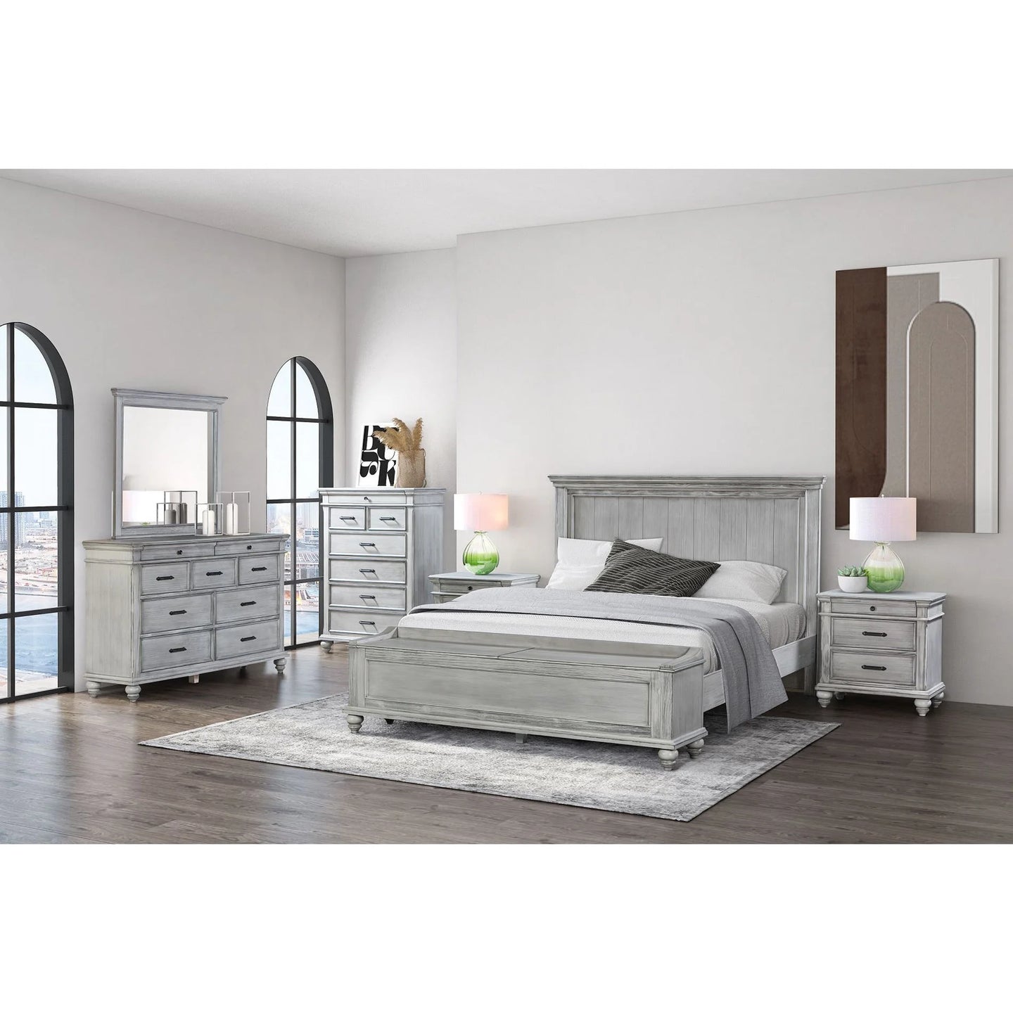 Kamyyn Queen Bedroom Set, made of durable wood, offers a queen bed, two bedsides, and a tallboy for storage.