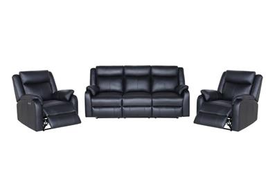 Black Peggy 3ERER+1+1 LTH Recliner with USB ports and Murano leather, set in a modern living room.