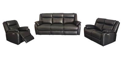Black Peggy 3ERER+2+1 LTH Recliner with USB ports and Murano leather, set in a modern living room.