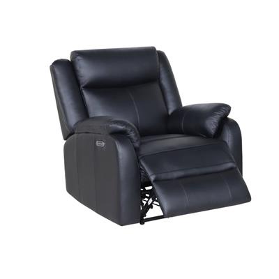 Black Peggy LTH Recliner with USB port and Murano leather, set in a modern living room.