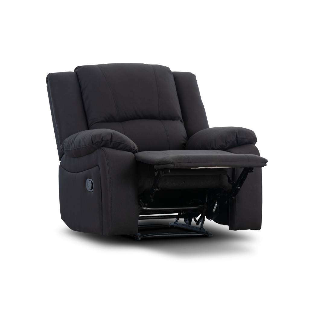 Durable 1-seater manual recliner lounge with Rhino fabric upholstery, solid wood frame, and pocket springs for a luxurious seating experience.