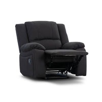 Durable 1-seater manual recliner lounge with Rhino fabric upholstery, solid wood frame, and pocket springs for a luxurious seating experience.