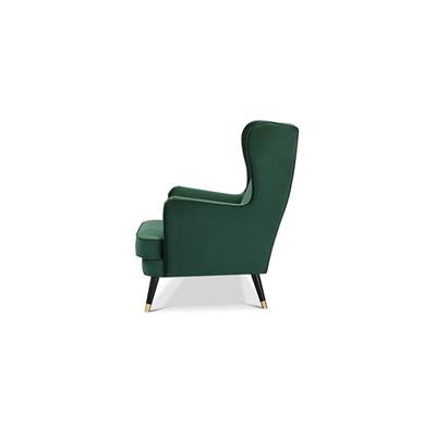 Polyester-upholstered armchair with plywood frame and timber legs, set in a contemporary room.