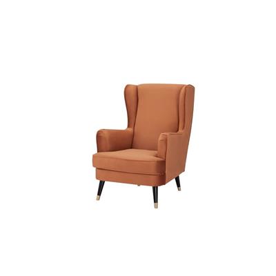 Armchair with high-resilience foam and pine frame, set in a versatile living room.