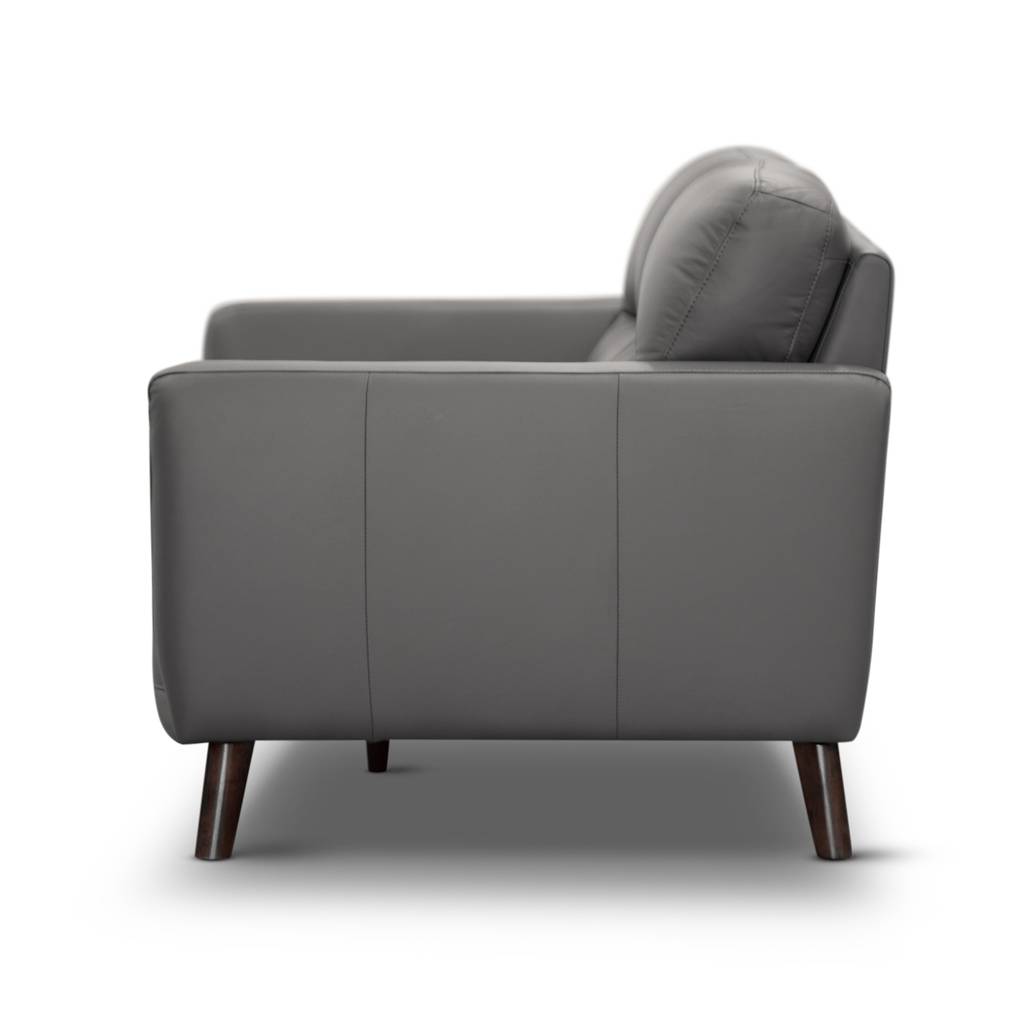 Stylish 2-seater chaise lounge with quilted leather upholstery, timber legs, and lumbar support, available in Silver, Tangerine, or Gunmetal.