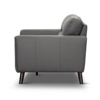 Stylish 2-seater chaise lounge with quilted leather upholstery, timber legs, and lumbar support, available in Silver, Tangerine, or Gunmetal.