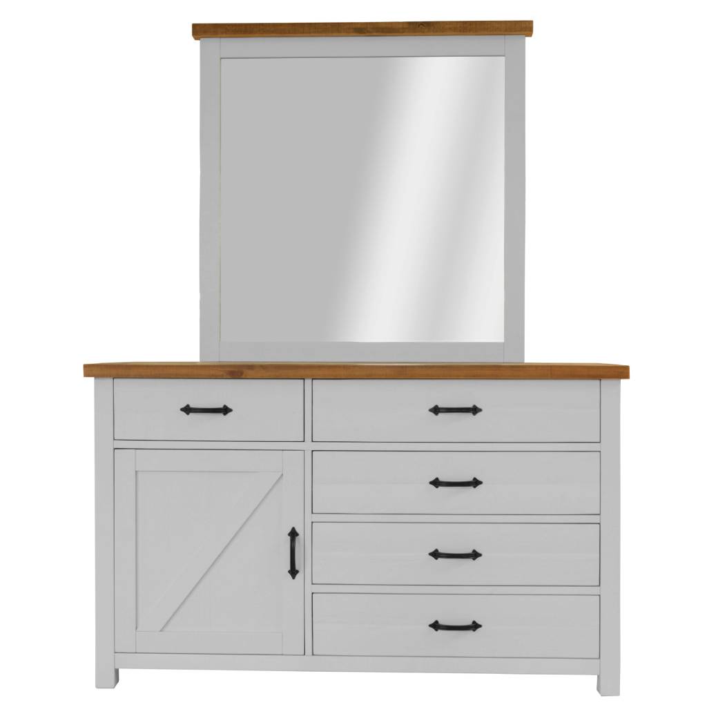 Elegant coastal bedroom suite with solid pine bed, full storage, dresser with mirror, and matching bedside tables.