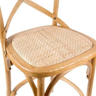 Birch timber bar stool with rattan seat and classic design, set in a cozy kitchen.