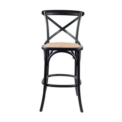 Cloak Bar Stool with birch timber frame and rattan seat, set in a modern dining space.