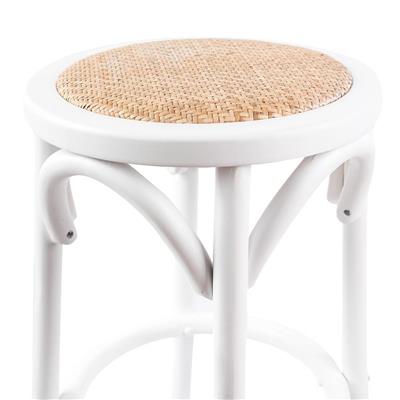 Cloak Kitchen Stool with steam-bent frame and padded rattan, displayed in a versatile dining area.