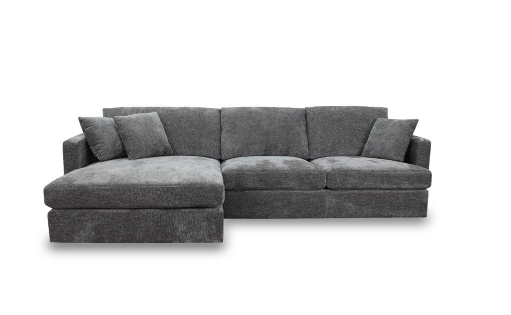 Slate Brody Fab 2.5 Seater with LHF Chaise and three scatter cushions, set in a modern living room.