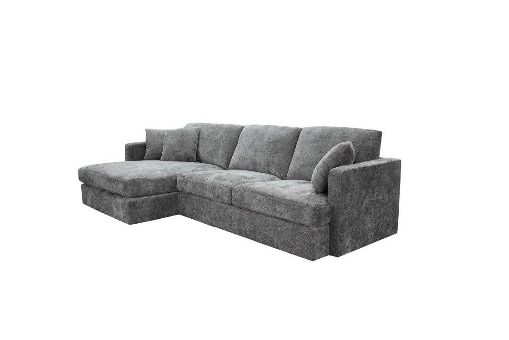Licorice Brody Fab 2.5 Seater with LHF Chaise and scatter cushions, set in a sophisticated living room.