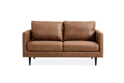 Saddle brown fabric sofa with slimline design, detached back cushions, and a durable galvanised steel frame for modern living spaces.