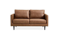Saddle brown fabric sofa with slimline design, detached back cushions, and a durable galvanised steel frame for modern living spaces.