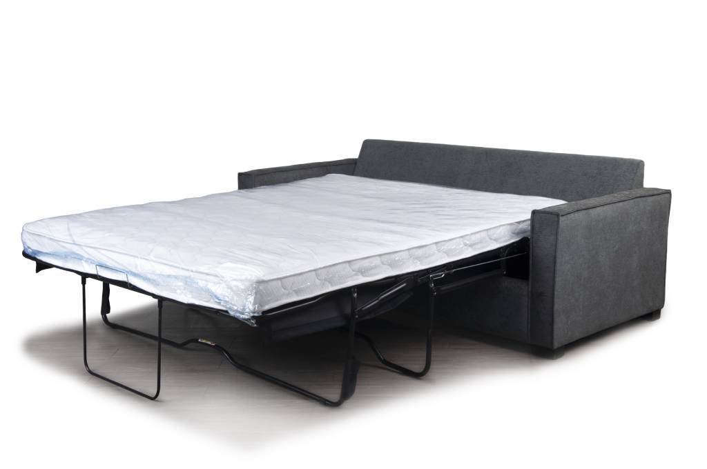 2-seater sofa bed with mattress, featuring a memory foam top, easy bi-fold mechanism, and stylish Slate or Storm colorways.