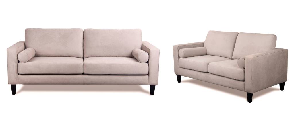 Stylish 3 seater and 2 seater fabric lounge set with bolsters, high-density foam cushions, and durable polyester fabric in modern color options.