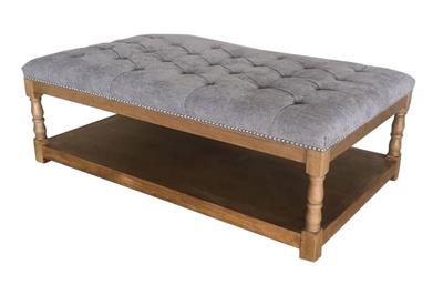 PRODUCT FEATURES • French provincial style ottoman featuring tufted detailing and carved legs • Can be used as a coffee table, or bedroom seating CONSTRUCTION Structural Frame: Rubberwood Colour: Steel | Beige Upholstery: Fabric 100% Polyester SPECIFICATIONS Frankie Ottoman W150 x D90 x H50 CM
