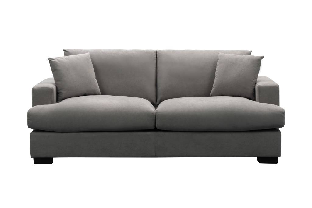 Light Grey Hasting Fab 2.5 Seater with plush feather cushions and streamlined design, in a chic interior.