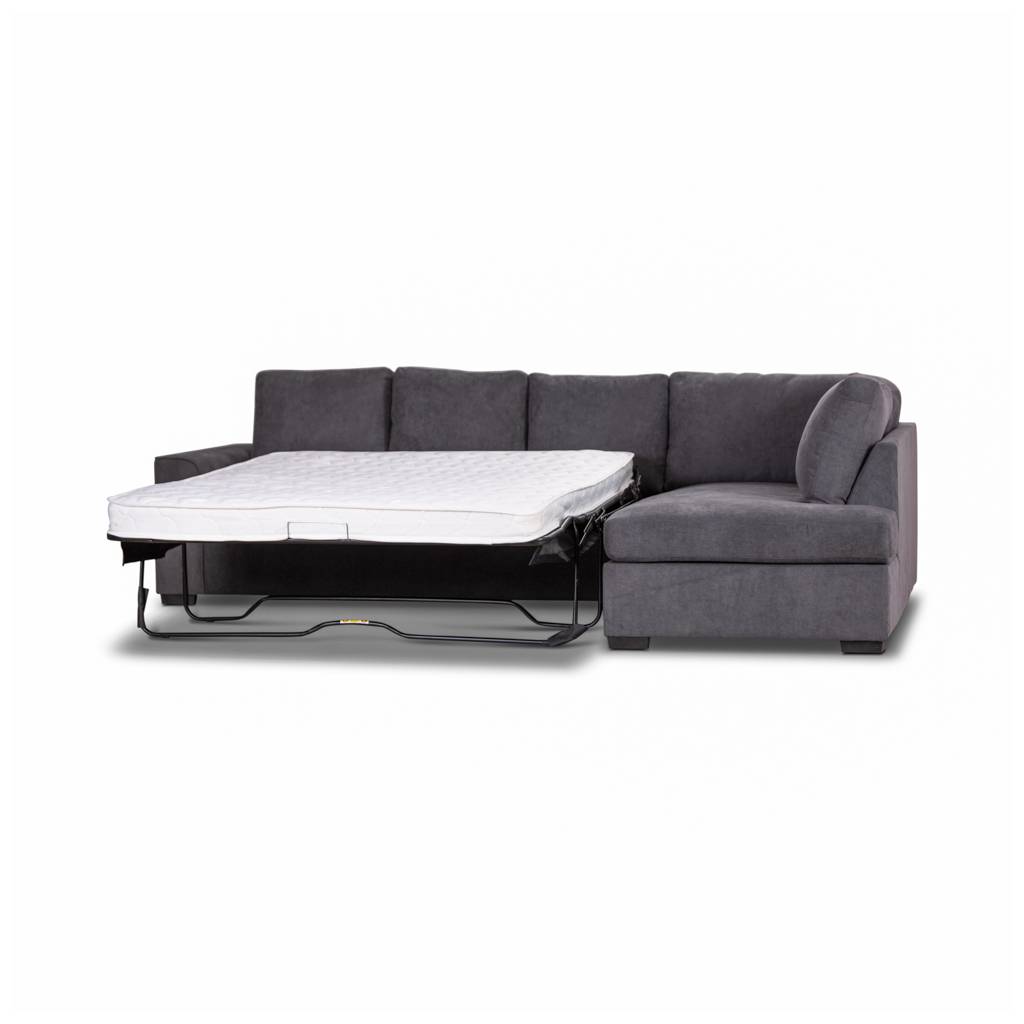 Comfortable fabric lounge with sofa bed, plush seating, and a pocket spring mattress, upholstered in Dark Grey for a sleek look.
