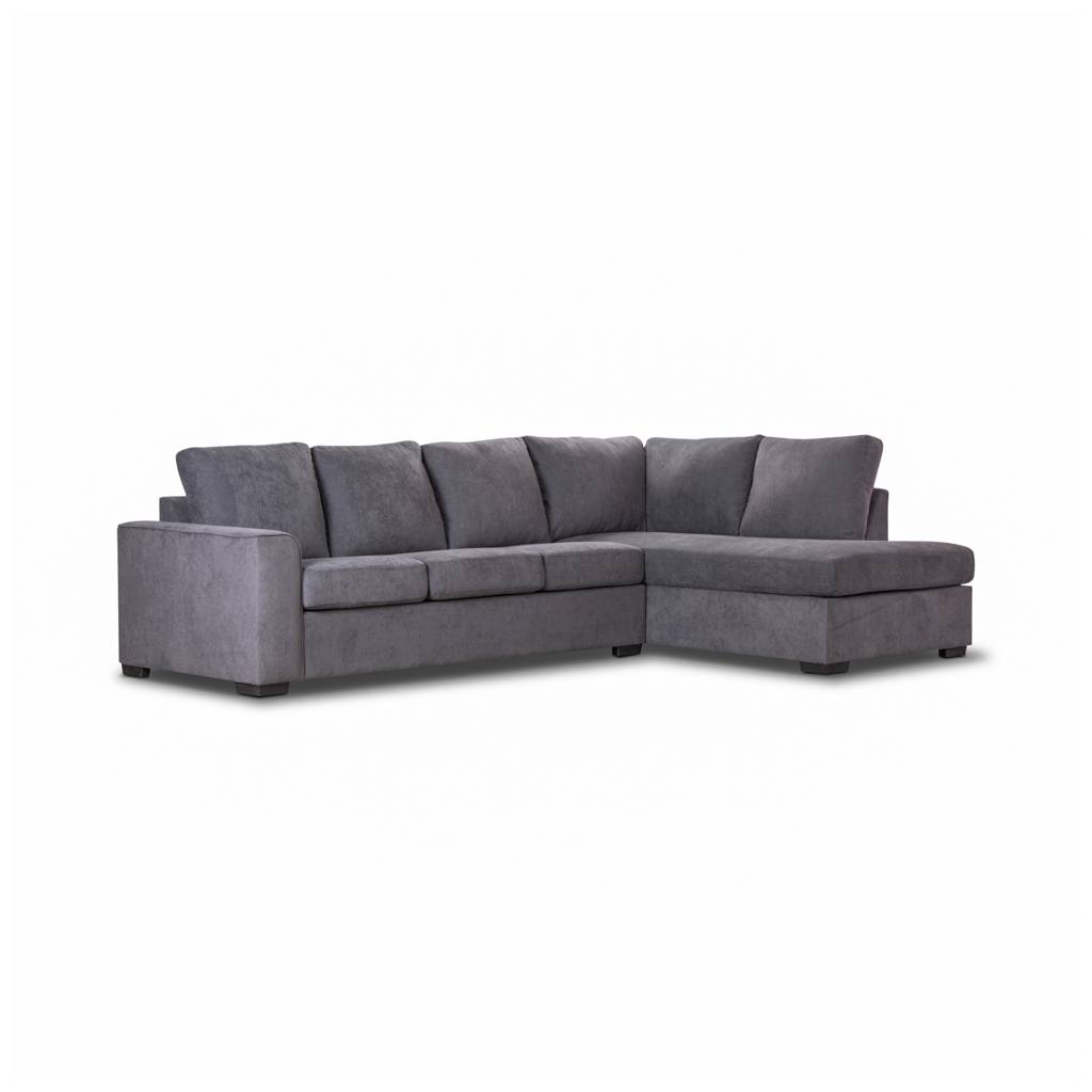 Sleek fabric lounge with corner chaise, upholstered in dark grey polyester-nylon blend, ideal for stylish and functional living spaces.