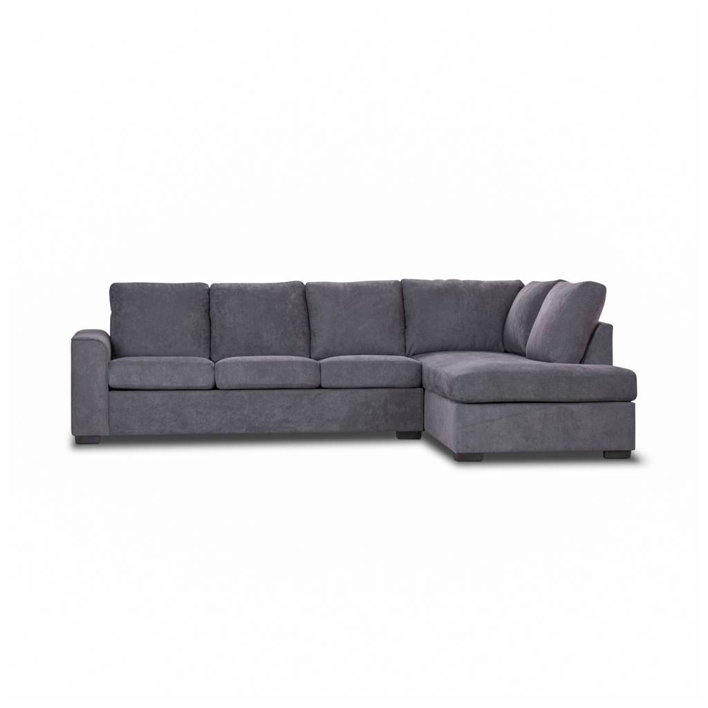 Modern 4 seater fabric lounge in dark grey, featuring a corner chaise design and high-density foam for long-lasting comfort.