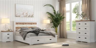 Flora 4pc Bedsides-Kit with solid acacia timber bed featuring built-in storage drawers, matching bedsides, and multi-color finish.