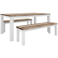 Durban 3PC Bench Set with acacia timber and vibrant finish, set in a modern dining room.