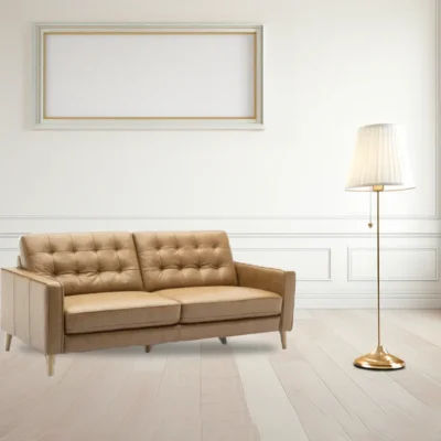 Sophisticated 2 seater chaise lounge featuring slimline arms, raised seating, and Mystic Coach leather for a luxurious, modern design.