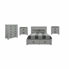 The Southport 4PC Kit offers a rustic Hamptons style with a two-tone acacia finish, featuring a queen bed with footend drawers, two bedsides, and a seven-drawer tallboy.