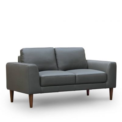 Charcoal Grey or Pewter 2-seater lounge with full leather upholstery, mid oak timber legs, and a sturdy plywood frame for modern elegance.