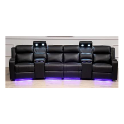 Black home theatre lounge with electric reclining seats, Rhino Suede Leather upholstery, USB chargers, and smart cupholders for a premium entertainment experience.