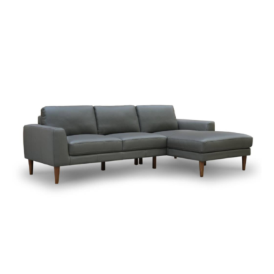 Charcoal Grey 3 seater chaise lounge with full leather upholstery, mid oak legs, and a sturdy plywood frame for modern, versatile comfort.