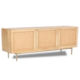 Ralph 3DR Sideboard with mango wood and rattan weave doors, set in a modern living room.