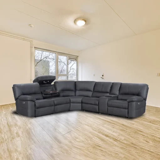 Excaliber Modular Lounge in Rhino Suede with dropdown tray and cup holders, in a stylish lounge area.